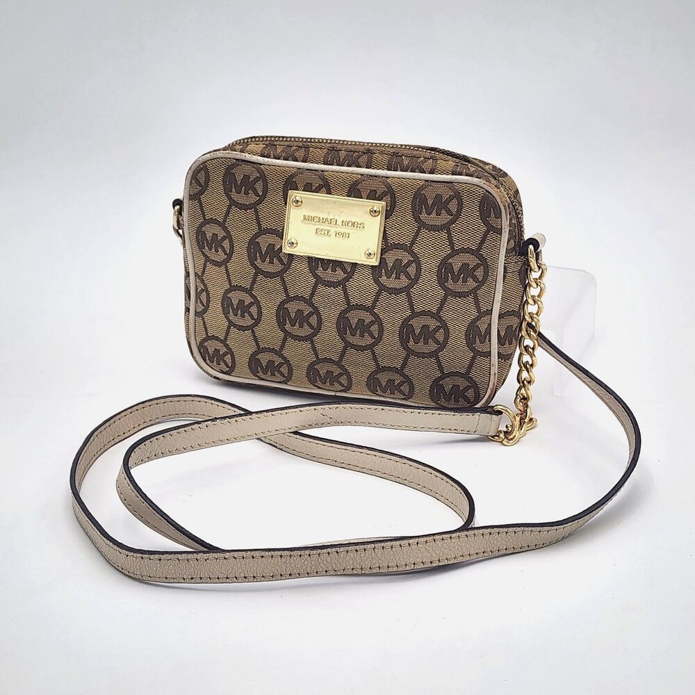 Michael Kors Monogram Jacquard MK Leather Trim Small Crossbody Bag Tan Brown